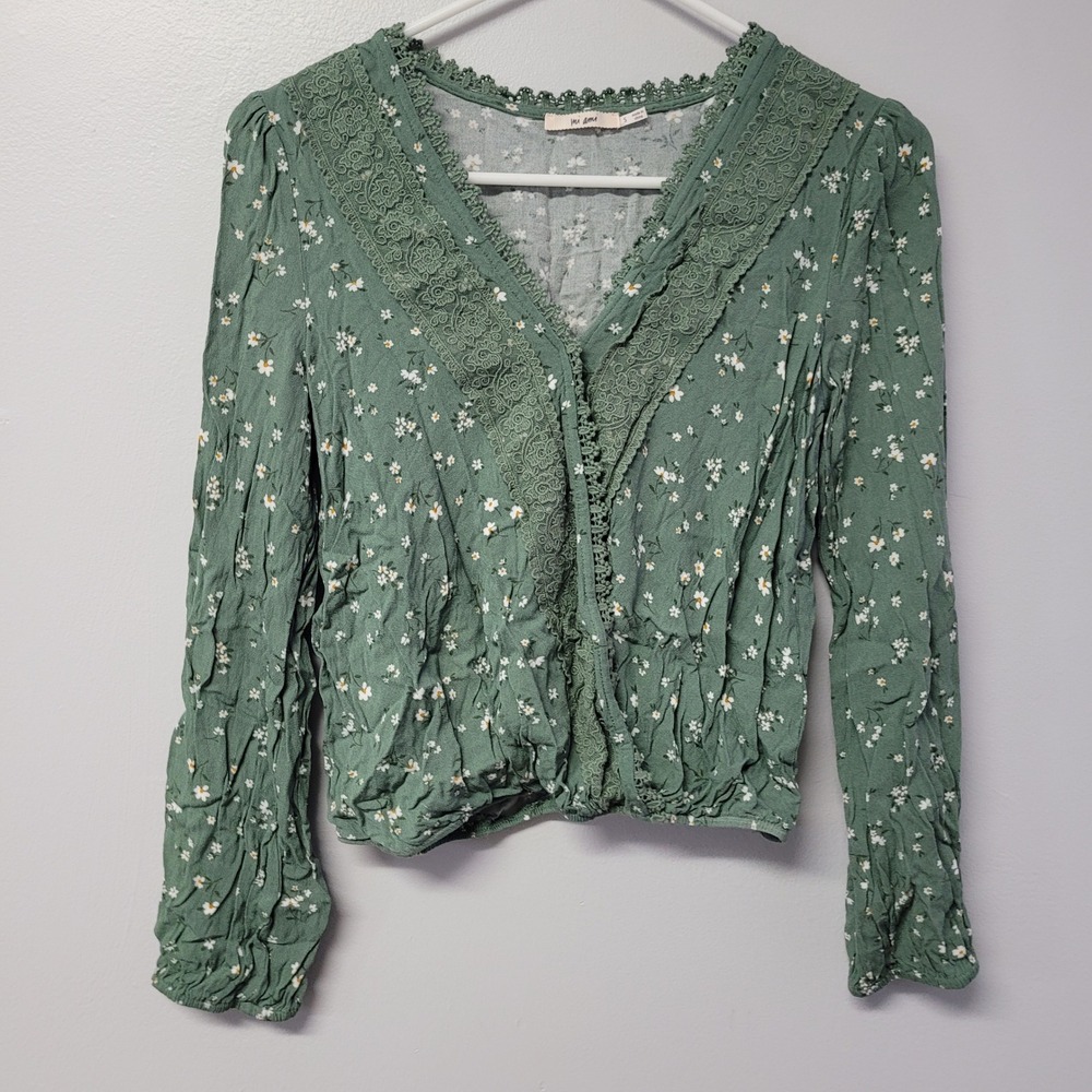 Mi‎ Ami Green Floral Lace Trim Long Sleeve Surplice Blouse Wrap Womens Small